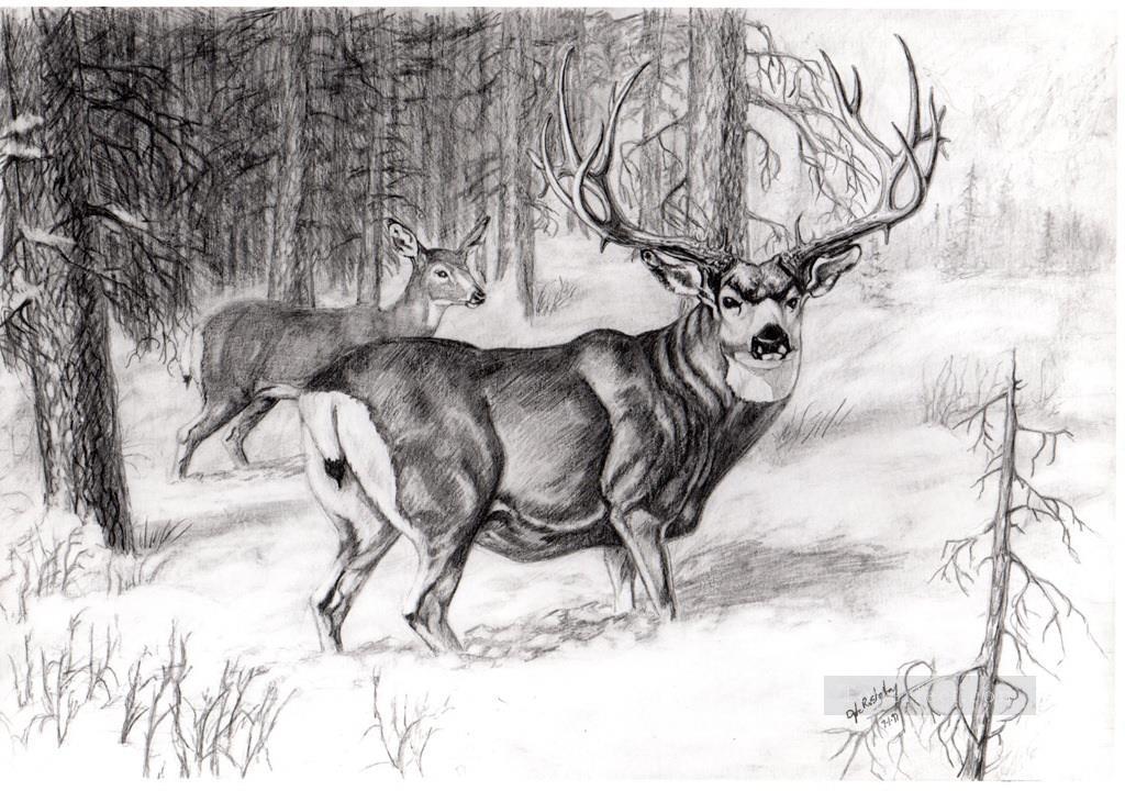 鹿の鉛筆画白黒油絵